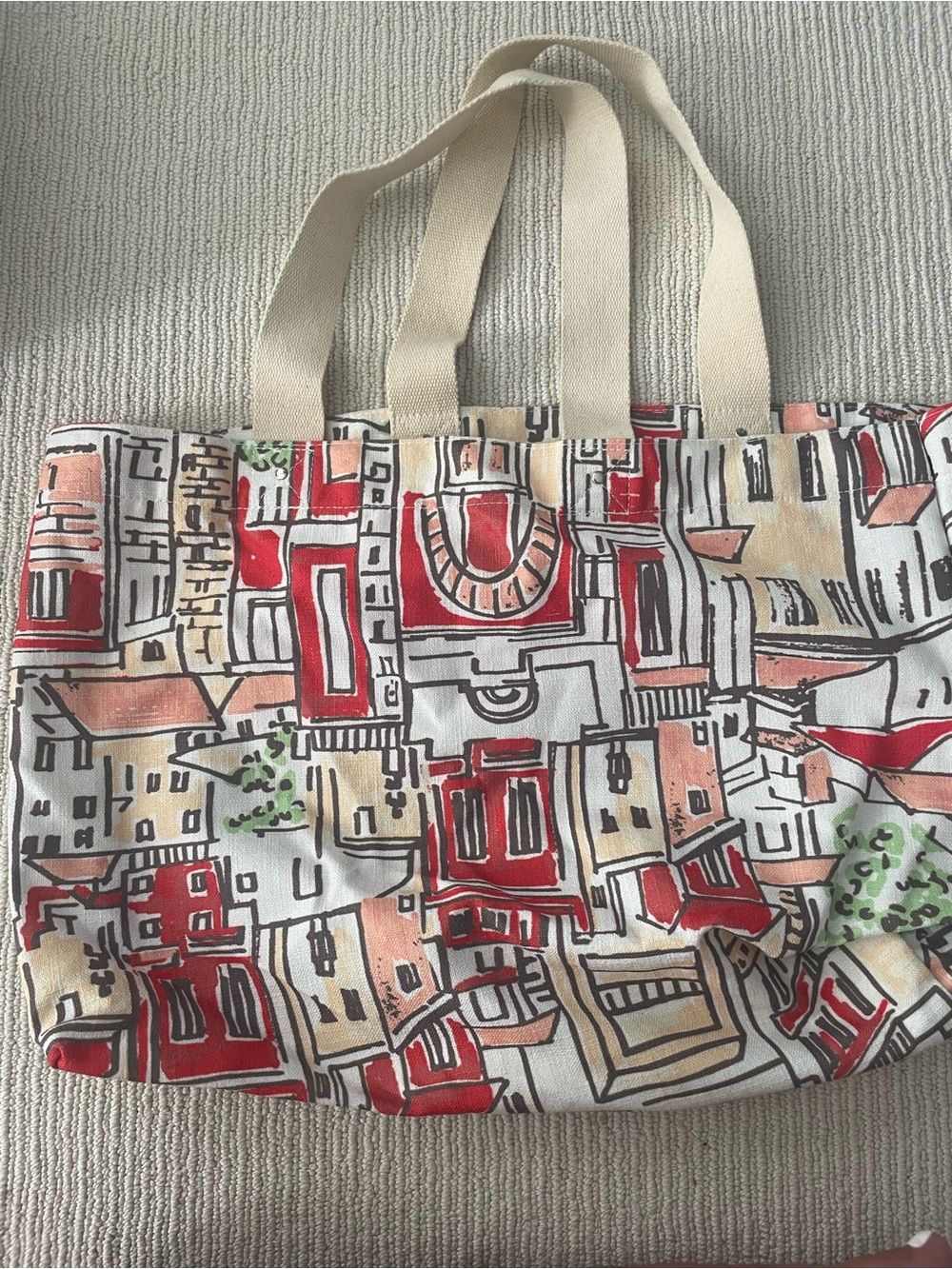 Vintage Canvas City-Print Tote Bag in Red, Beige and Green b28